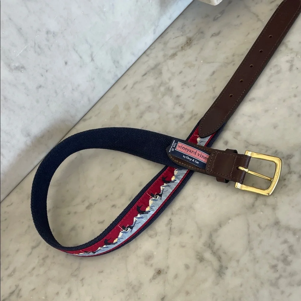 VINEYARD VINES Men's Ski Print Blue Brown Leather Canvas Belt Gold Buckle 30